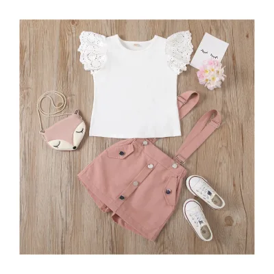 European American New Solid Color Hollow-out Flying Sleeve Crewneck Top Removable Strap Girls Clothing Sets
