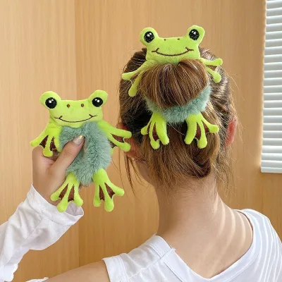 Kawaii Stuffed Cartoon Frog Elastic Hair Tie Scrunchie Fabric Ponytail Rubber Band Accessories for Girls