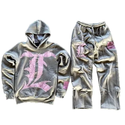 Custom Men's Sets Applique Patch Embroidery Jogger Tracksuits Streetwear Flared Sweatsuit Hoodie and Sweatpants Sets for Men