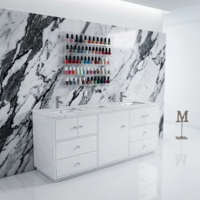 Nail Salon White MDF Double Sink Cabinet with Marble Top and Easy to Clean Feature with Hole for Trash Can on Top CB-WT001
