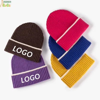 Solid Color Acrylic Dome Contrast Stripe Cuff Chunky Knit Warm Casual Fashion Turn-up Jacquard Knitted Hat ODM OEM Available