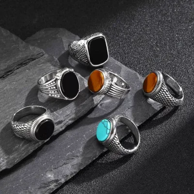 Vintage Signet Wedding Rings Cool Punk Steel Black Agate Turquoise Stainless Steel Jewelry for Women Men Fashion Jewelry Ring