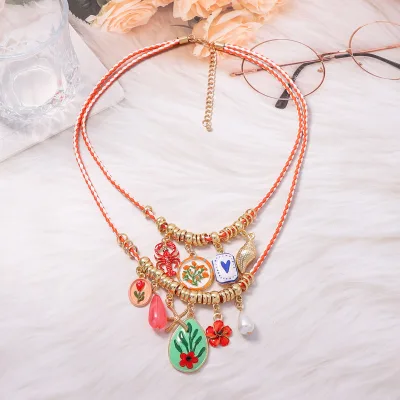 Beach Vacation Layered Choker Necklace Alloy Geometric Drop Oil Enamel Pendant Fashion Statement Jewelry for Women Gift