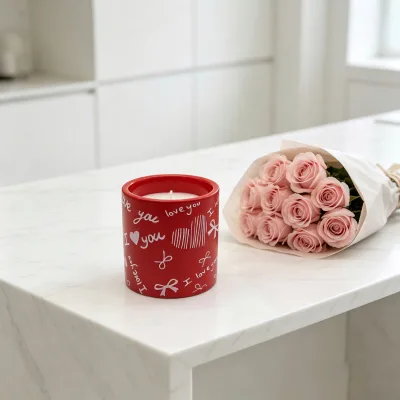 Red Ceramic Candle Holder With I Love You Text and Bow Pattern Romantic Home Decor Scented Candle Jar Valentine Gift