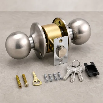 Brushed Steel Cylindrical Door Lock Set With Keyed Entry and Thumb Turn for Bedroom Bathroom Apartment and House