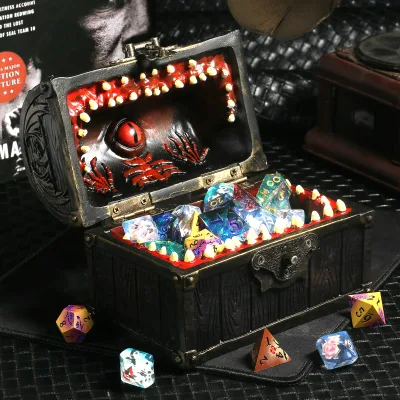 Mimic Dice Box for DND RPG, Magnetic Treasure Chest Design with Lock, Portable Storage Organizer and Rolling Tray Set