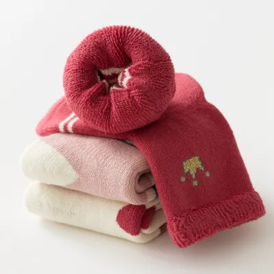 Autumn Winter Terry Fleece Thickened Heat-retaining Warm Mid-calf Cotton Baby Socks Non-slip Dots Stock Children's Floor Socks