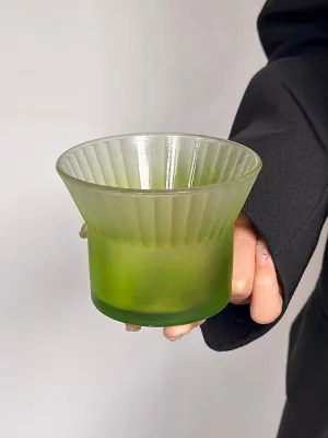 Modern Gradient Frosted Green Glass Cup With Wood Sleeve Vertical Striped Glass Mug for Coffee Tea Home Office Drinkware