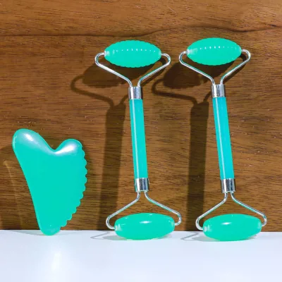 Jade Facial Roller with Rose Quartz Beads and Acrylic Handle-Face Massager