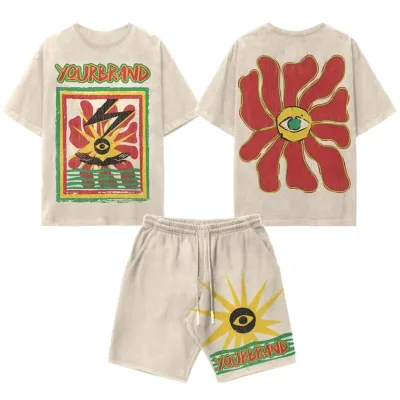 Mens Summer Short Sleeve T-shirt Shorts Set Custom Screen Print Acid Wash Heavyweight 100% Cotton T Shirt and Shorts Set for Men
