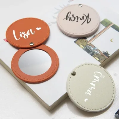 Personalized Leather Pocket Mirror Mini Travel Handheld Portable Wedding Makeup Bridesmaid Gift Engraved Her Name Made Mainland