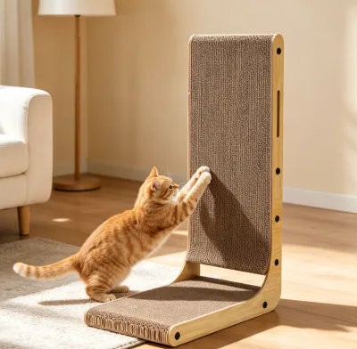 Minimalist MDF Paper L-Shaped Large Corrugated Eco-Friendly Thickened Cat Scratching Lounge Board Interactive Bell Toy Carton