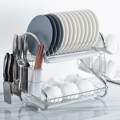 Double-Layer Rustproof Silver Kitchen Dish Drainer Rack Bowl Drain Storage Rack