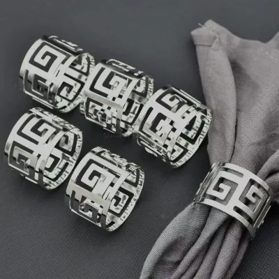 Wholesale OEM ODM Metallic Silver Geometric Table Serviette Buckle Hollow Cutout Metal Napkin Holder for Hotel Wedding Banquet