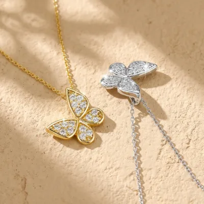 Minimalist Style 925 Sterling Silver Butterfly Necklace 18k Gold & Rhodium Plated CZ Pave Pendant Dainty Choker for Women Girl