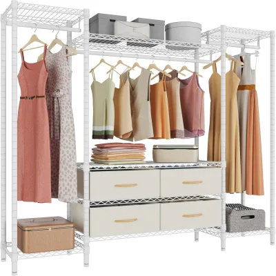 Heavy Duty Metal Wire Clothing Rack 6 Shelves 3 Hang Rods 4 Fabric Drawers Compact Freestanding Closet