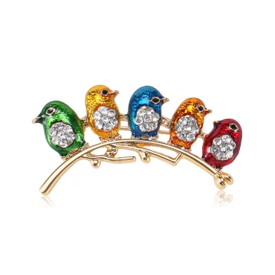 High Quality Cute Cartoon Colorful Five Birds Brooch High-End Enamel Drop Paint Glaze Rhinestone Animal Scarf Clip Brooch