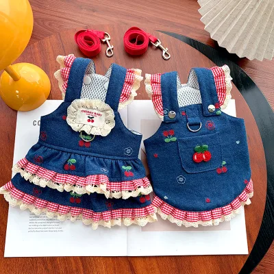 Spring and summer denim cherry suspender skirt dog dress pet clothing for dogs and cats, suitable for Teddy, Bichon, Pomeranian