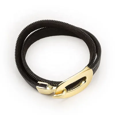 18K Gold Plated Stainless Steel Stylish Ladies Jewelry Unique Zipper Design Women Leather Wrap Bracelet