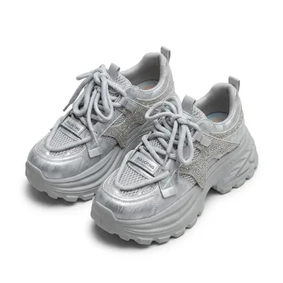 Luxury Rhinestone Star Women Chunky Sneakers 7cm Height Increasing Platform Shoes Breathable Pigskin Insole EVA Daddy Shoes