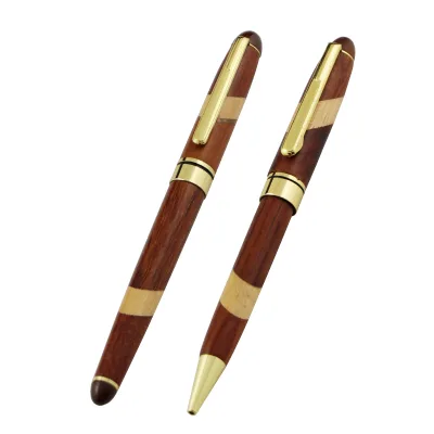 Luxury Wooden Gift Twins Pen Set Splicing Roller Ball Pens Two Tone Wood Ballpoint Pen with Caving logo