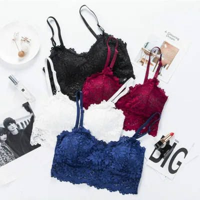 Wholesale Cheap Breathable Floral Mature Women Double Padded Wireless Bra French Lace Female Tube Top
