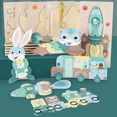 Eco-Friendly Montessori Wooden 3D Cartoon Puzzles Clip-On Design Jigsaw Puzzle for Boys and Girls Educational Development