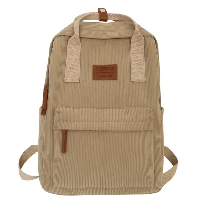 Fashion Geometric Solid Color Vintage Large-Capacity Multi-Layers Simple Labeled Zipper Corduroy Waterproof Anti-Theft School