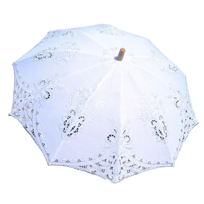 New Arrival Retro Style Handmade White Lace Stainless Steel Handle Stand Wedding Umbrella Custom Tag