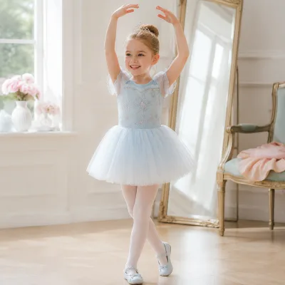 Girls Summer Short Sleeve Dance Costume Princess Dress Kids Performance Outfit for Children's Day