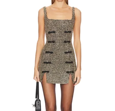 Custom New Fashion Bodycon Mini  Sleeveless Plaid Tweed Dress with Square Collar for Club Parties Mini Length