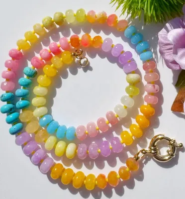 Pastel Gemstone Necklace in LEMON CRUSH 5*8mm Turquoise Jade Rainbow Gems Handmade Beaded Necklace for Women Beach Vacation Wear