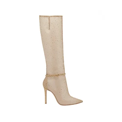 Lady's Winter Over-Knee High Heel Shoes Rhinestone Crystal Bling Tight Boots with Zip Closure Comfort Elastic Party Sock Size 44