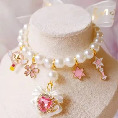 Cute Pearl Dog Cat Necklace with Heart Crystal Pendant, Elegant Pet Collar Accessory Pet Jewelry for Party & Daily Use