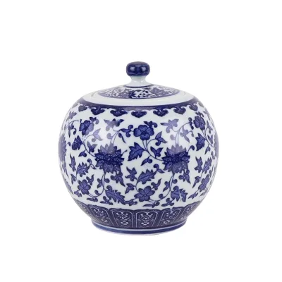 RZNV33-A Chinoiserie Blue and White Porcelain Jar Traditional Lotus Pattern Ceramic Storage Jars With Sealed Lids