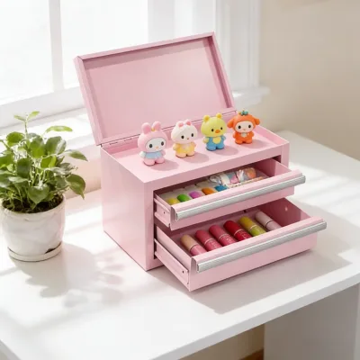 Soft Pink Waterproof Iron 2-Drawer Stylish Tool Box with Powder Coated Finish Pull-out Drawers for Tool Storage Garage Portable