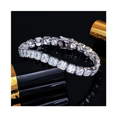 Iced Out Asscher Cut Square Cubic Zirconia Tennis Chain Jewelry Men Women White Gold Plated CZ Diamond Tennis Bracelet