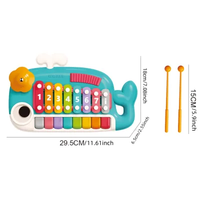 Whale Shape 5 in 1 Baby Musical Toy, Xylophone Piano Drum Cymbal Scraper Set, Early Learning Educational Percussion Instruments