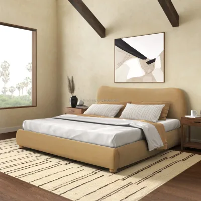 FERLY Modern Luxury Upholstered Platform Bed with Curved Headboard, Minimalist Cloud-like Velvet Double King Queen Size Bed