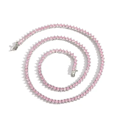 Hip Hop Tennis Necklace 3mm Three Claw pink Tennis Chain Ins for Women Layering Trendy Neck Chain Jewelry Party Gift