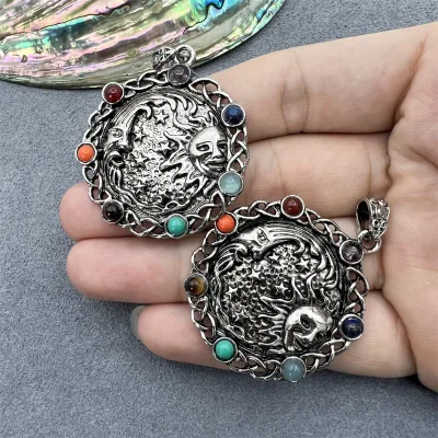 Natural Gemstone 7 Chakra Reiki Healing Stone Antique Silver Moon and Sun Face Necklace Pendant Accessories Jewelry DIY Necklace