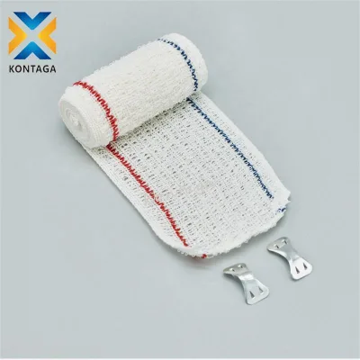 4.5m Medical Red-Blue Line Wrinkle Elastic Bandage with Aluminum Buckle Fixed Veterinary Cotton Crepe Bandage for Livestock Farm