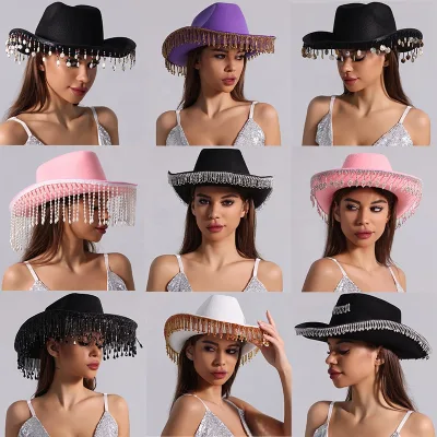 Western Bachelor Top Hat with Rhinestone Tassel Cowgirl Hat for Women's Cosplay Hen Party Fishing Outdoor Sports Travel