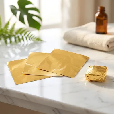Bulk Pack Embossed Cut Food Grade Gold Aluminum Foil 100 Sheets Per Bundle MOQ 60000 Sheets for Confectionery