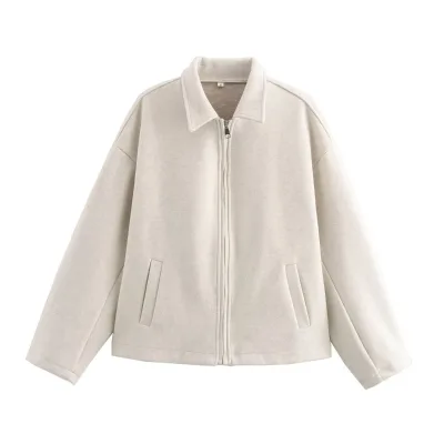 Wholesale Women's Clothing Wide Lapel Trench Turn-down Collar Coat for Fall Winter Ladies Solid Color Zipper Woolen Coat