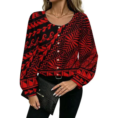 New Factory Custom Women Red Black Polynesian Tribal Print Blouse Round Neck Long Lantern Sleeve Button Down Casual Crop Top