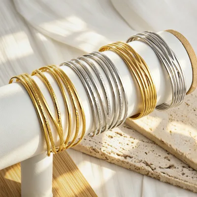 Fashion Waterproof PVD Plated Stainless Steel Open Cuff Bangle Hammered Smooth Stackable Double Layered Bracelet for Women