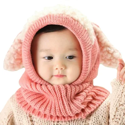 Baby Children Chunky Knitted Funny Pattern Ski Mask Snood Balaclava With Sherpa Fur Ears