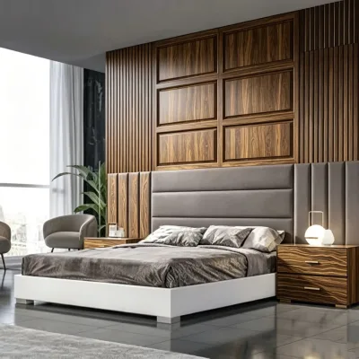 Popular Low Base Storage Bedroom Bed with Extendable Built-in Shelf Headboard Modern Design for Apartment & Hotel Use