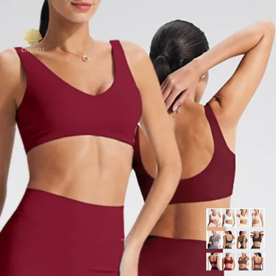CNSHELL Sexy V Neck Sleeveless Wider Strap Backless Sports Bra High Impact Breathable 4 Way Stretch